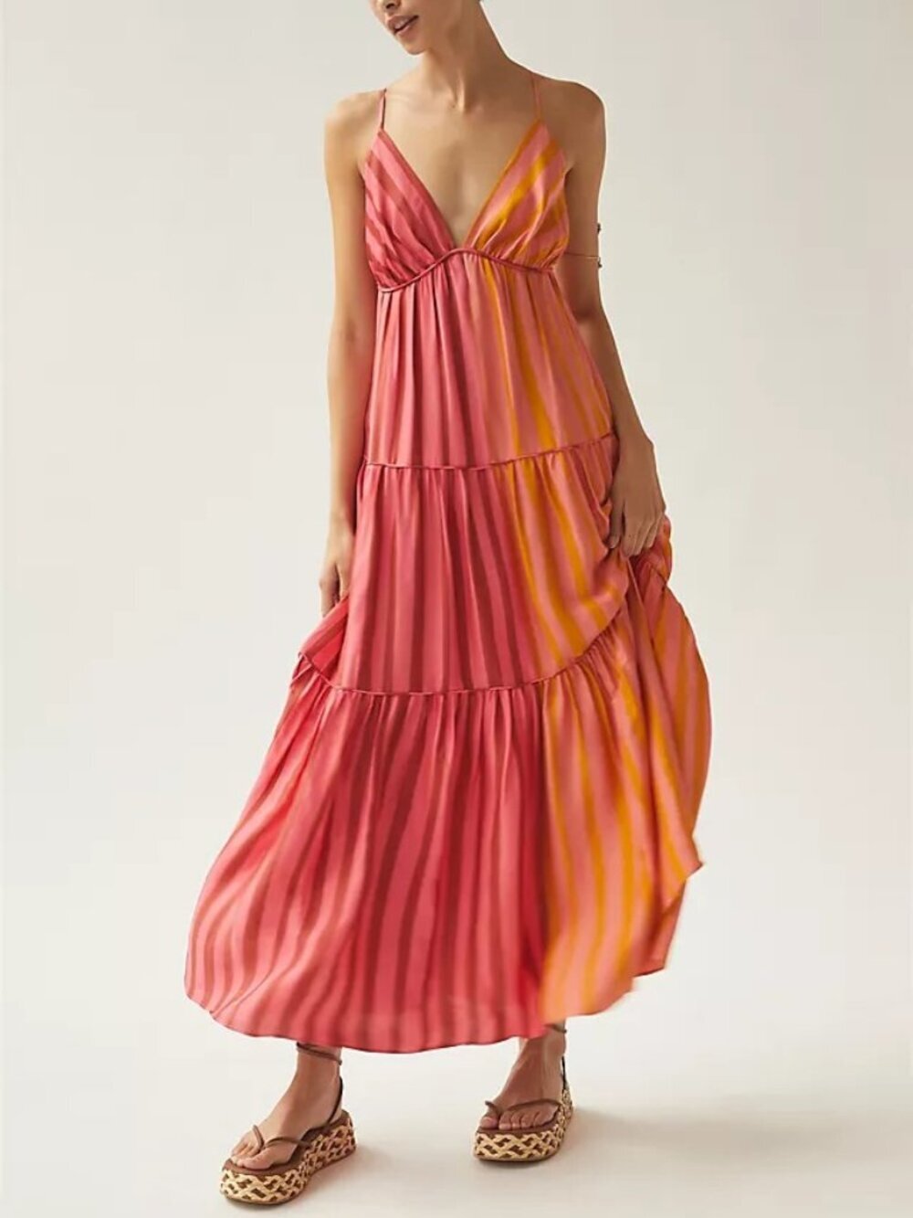 Farm Rio x Anthropologie Deep-V Mixed-Stripe Maxi Dress - Pink/Orange - Size XS